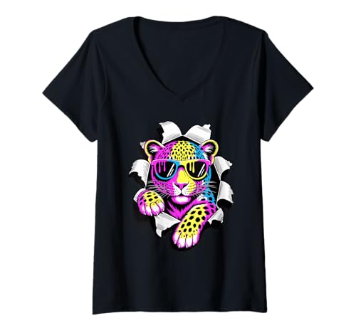 Damen Gerissener Papiereffekt Leopard Sonnenbrille Leoparden T-Shirt mit V-Ausschnitt Damen Gerissener Papiereffekt Leopard Sonnenbrille Leoparden T-Shirt mit V-Ausschnitt von Leopards Lover Gifts