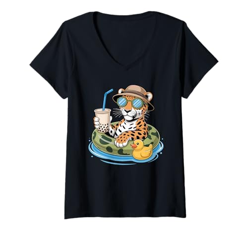 Damen Leopard Boba Perlen Milchtee Leoparden T-Shirt mit V-Ausschnitt Damen Leopard Boba Perlen Milchtee Leoparden T-Shirt mit V-Ausschnitt von Leopards Lover Gifts