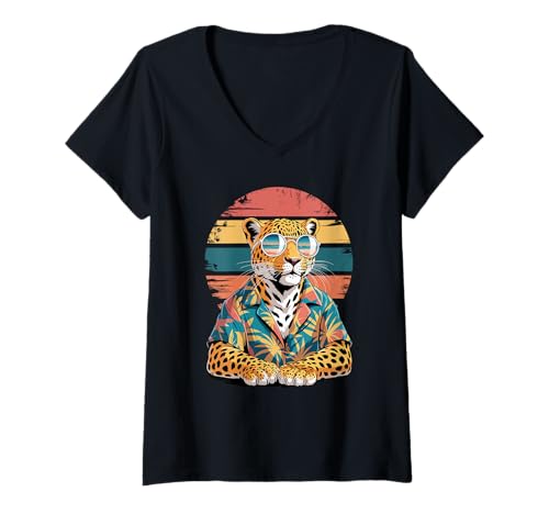Damen Leopard Sonnenbrille Hawaii Strand Sommer Urlaub T-Shirt mit V-Ausschnitt Damen Leopard Sonnenbrille Hawaii Strand Sommer Urlaub T-Shirt mit V-Ausschnitt von Leopards Lover Gifts