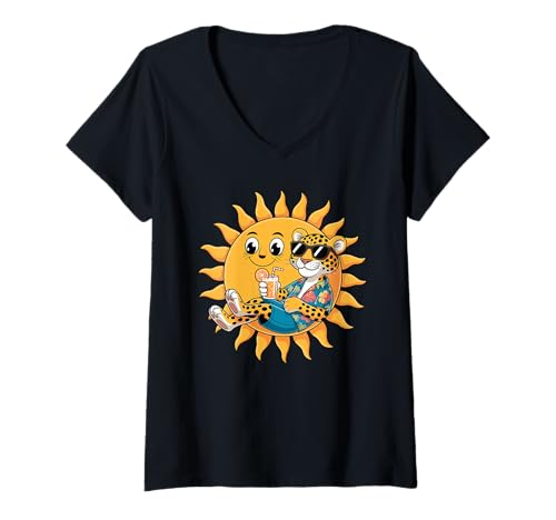 Damen Leopard Sonnenbrille Leoparden T-Shirt mit V-Ausschnitt Damen Leopard Sonnenbrille Leoparden T-Shirt mit V-Ausschnitt von Leopards Lover Gifts
