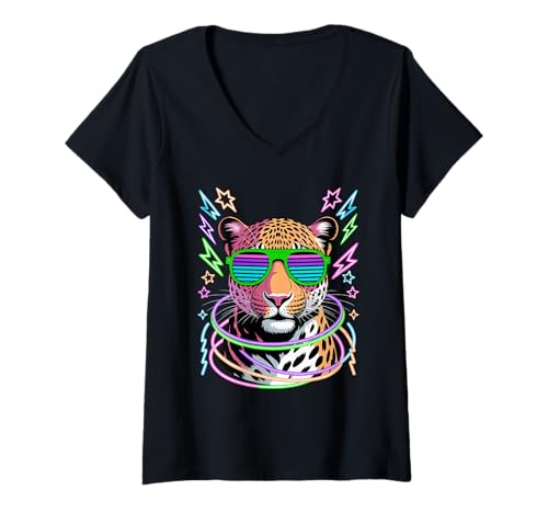 Damen Party Leopard Sonnenbrille Leoparden T-Shirt mit V-Ausschnitt Damen Party Leopard Sonnenbrille Leoparden T-Shirt mit V-Ausschnitt von Leopards Lover Gifts