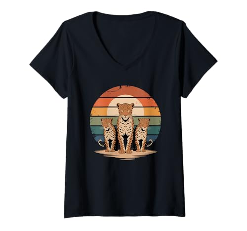 Damen Retro Sonnenuntergang Leopard Silhouette Leoparden T-Shirt mit V-Ausschnitt Damen Retro Sonnenuntergang Leopard Silhouette Leoparden T-Shirt mit V-Ausschnitt von Leopards Lover Gifts
