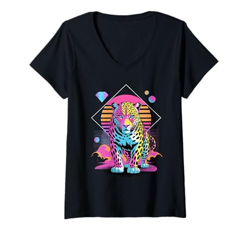 Damen Retro Synthwave Leopard Leoparden T-Shirt mit V-Ausschnitt Damen Retro Synthwave Leopard Leoparden T-Shirt mit V-Ausschnitt von Leopards Lover Gifts