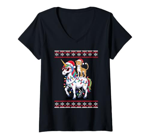 Damen Weihnachten Leopard Einhorn Sonnenbrille Leoparden T-Shirt mit V-Ausschnitt Damen Weihnachten Leopard Einhorn Sonnenbrille Leoparden T-Shirt mit V-Ausschnitt von Leopards Lover Gifts