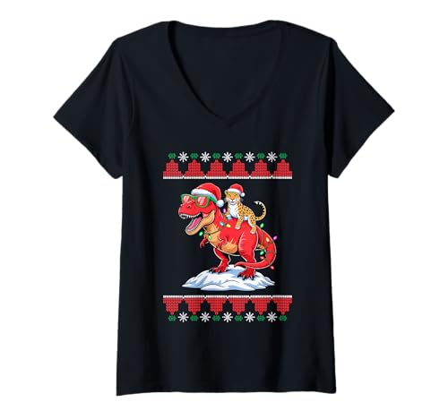 Damen Weihnachten Leopard T-Rex Dinosaurier Leoparden T-Shirt mit V-Ausschnitt Damen Weihnachten Leopard T-Rex Dinosaurier Leoparden T-Shirt mit V-Ausschnitt von Leopards Lover Gifts