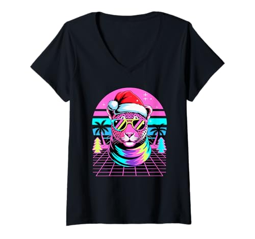 Damen Weihnachten Synthwave Leopard Sonnenbrille Leoparden T-Shirt mit V-Ausschnitt Damen Weihnachten Synthwave Leopard Sonnenbrille Leoparden T-Shirt mit V-Ausschnitt von Leopards Lover Gifts