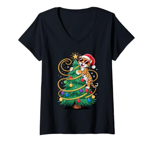 Damen Weihnachtsbaum Leopard Sonnenbrille Leoparden T-Shirt mit V-Ausschnitt Damen Weihnachtsbaum Leopard Sonnenbrille Leoparden T-Shirt mit V-Ausschnitt von Leopards Lover Gifts