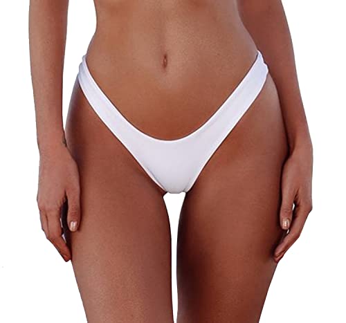 Damen Sexy Cheeky Brazilian Cut Bikini Bottom Solid Low Rise High Leg Tanga Badeanzug Bottom, Weiß, Medium von Leoparts