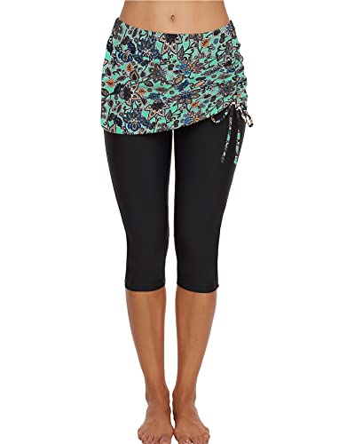 Schwimmhose mit Rock, Caprihose, Surf-Leggings, Neoprenanzughose, UV-Boardshorts für Damen, Grünes Blumenmuster, Large von Leoparts