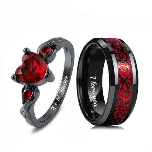 LeosHi Pärchen Gravur Eheringe Partnerringe Verlobungsringe für Frauen Wolfram Herrenring Schwarz Rot Zirkonia Ring Edelstahl für Freundin Ihn Personalisierte Größe 49-70 (Ring für Paare) von LeosHi
