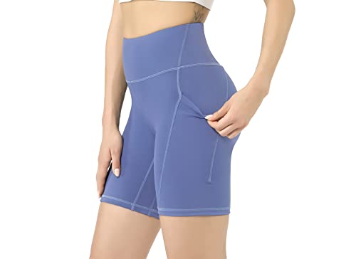 Leovqn Damen Kurze Sporthose mit Taschen Hohe Taille Radlerhose Blickdicht Laufshorts Yoga Kurz Leggings Blau M von Leovqn