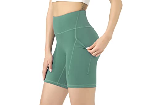 Leovqn Damen Kurze Sporthose mit Taschen Hohe Taille Radlerhose Blickdicht Laufshorts Yoga Kurz Leggings Grün XS von Leovqn