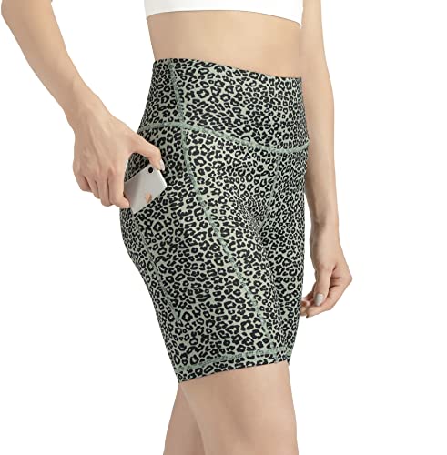 Leovqn Damen Kurze Sporthose mit Taschen Hohe Taille Radlerhose Blickdicht Laufshorts Yoga Kurz Leggings Leopard Grün M von Leovqn