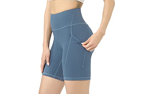 Leovqn Damen Kurze Sporthose mit Taschen Hohe Taille Radlerhose Blickdicht Laufshorts Yoga Kurz Leggings Minttürkis L von Leovqn