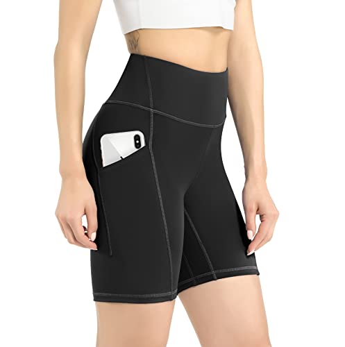 Leovqn Damen Kurze Sporthose mit Taschen Hohe Taille Radlerhose Blickdicht Laufshorts Yoga Kurz Leggings Schwarz L von Leovqn