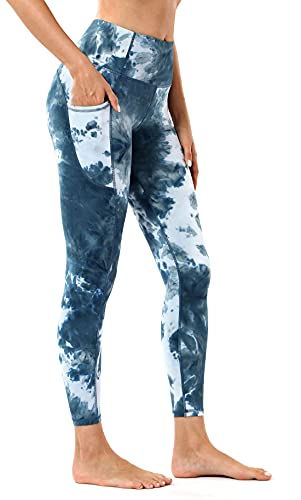 Leovqn Damen Sport Leggings Hohe Taille Blickdicht Yoga Hosen mit Taschen für Sports Laufen Joggen Training Freizeitkleidung Blaue Krawattenfarbe XS von Leovqn