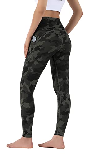 Leovqn Damen Sport Leggings Hohe Taille Blickdicht Yoga Hosen mit Taschen für Sports Laufen Joggen Training Freizeitkleidung Dark Olive Camo M von Leovqn