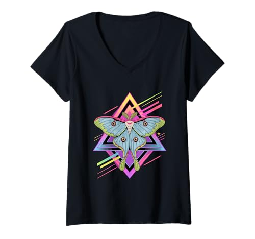 Damen Retro Synthwave Motte Motten Lepidopterologe T-Shirt mit V-Ausschnitt von Lepidopterist Moths Lover Gifts