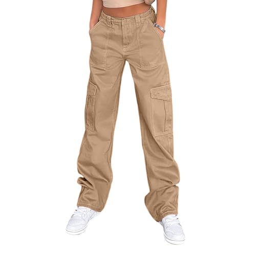 Lepunuo Cargohose für Damen, hohe Taille, Freizeithose, Baggy, dehnbar, weites Bein, Y2K, Streetwear mit 6 Taschen, Khaki, M von Lepunuo