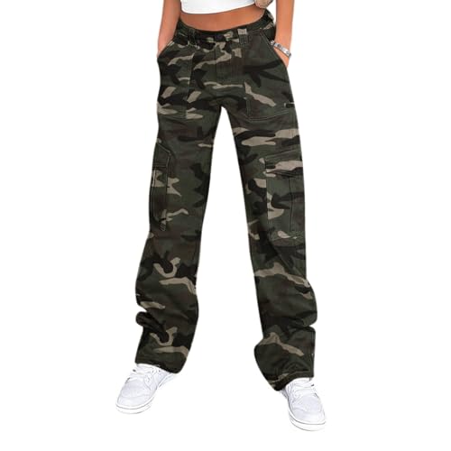 Lepunuo Cargohose für Damen, hohe Taille, legere Hose, weites Bein, Y2K, Streetwear, mit 6 Taschen, Camouflage Grün, M von Lepunuo