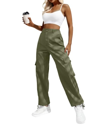 Lepunuo Damen Cargohose mit hoher Taille, Y2K, Streetwear, Baggy, dehnbare Hose mit 6 Taschen, Kordelzug an den Knöcheln, Grün (Army Green), M von Lepunuo