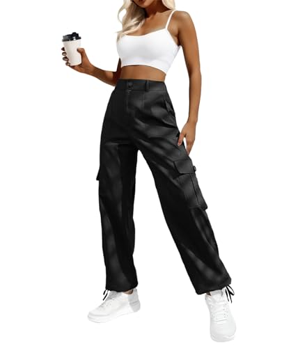 Lepunuo Damen Cargohose mit hoher Taille, Y2K, Streetwear, Baggy, dehnbare Hose mit 6 Taschen, Kordelzug an den Knöcheln, Schwarz, M von Lepunuo