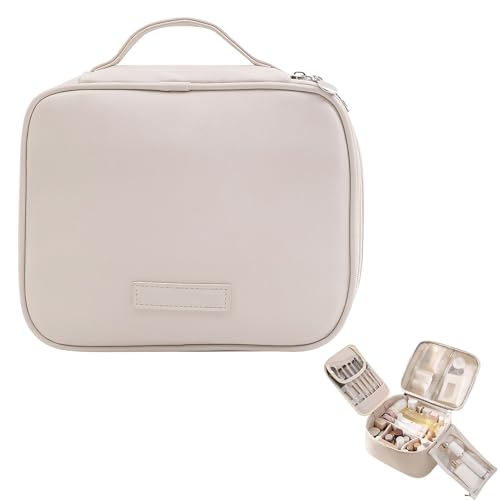 Reise Kosmetiktasche Groß, Kulturtasche Damen, Wasserdichte Kosmetikkoffer mit 6 Fächer & Griff, Tragbare Kulturbeutel, Trocken- und Nasstrennung Make Up Tasche, Schminktasche für Alltag Reisen (Weiß) von Lergas