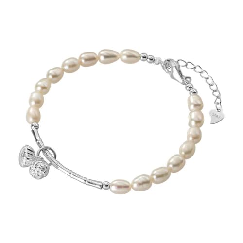 Armband Silber,Sterling-Silber-Armband für Damen, Zierliches S925-Silber-Armband Mit Natürlichen Perlen, Verstellbarer Armreif Mit Lotus-Bambusknoten, Charm-Armbänder, Schmuck, Geschenke für Frauen von LerijN