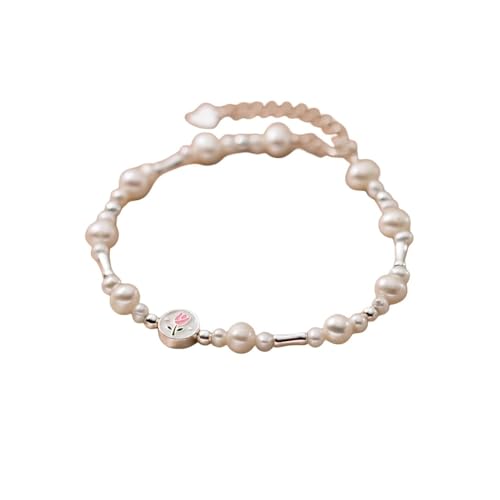 LerijN Armband Silber,Sterling-Silber-Armband für Damen, Zierliche S925-Naturperlen-Bambusknoten-Armbänder, Verstellbares Rundes Tulpen-Charm-Armband, Schmuck, Geschenke für Frauen von LerijN