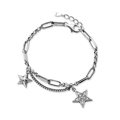 LerijN Armreif Silber,Sterling-Silber-Armband für Damen, Zierliche S925-Büroklammer-Kette, Armreif, Verstellbares Zirkonia-Pentagramm-Charm-Armband, Schmuck, Geschenke für Frauen von LerijN