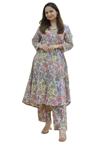 Leriya Fashion Kurta-Sets für Damen, ethnische Kleidung für den Alltag, langes Kurta-Set, bedruckt, lange Ärmel, Kurta-Set, festliche Anlässe, Co-Ord-Set, Mehrfarbig, XXL von Leriya Fashion