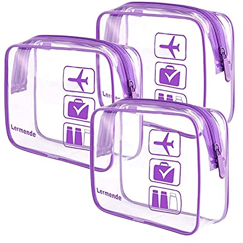 3 Stück Lermende TSA-zugelassene Kulturtasche mit Reißverschluss Reisegepäcktasche Carry On Klare Flughafentasche Reisekosmetik Make-up-Taschen für Damen Herren-Lila von Lermende