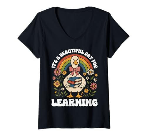 Damen It's A Beautiful Day for Learning T-Shirt mit V-Ausschnitt von Lernen Lektion Lehrer Grundschule