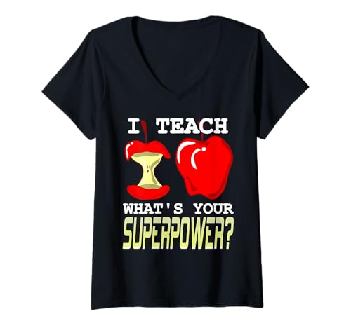 Damen Ich lehre – was ist Deine Superkraft? T-Shirt mit V-Ausschnitt Damen Ich lehre – was ist Deine Superkraft? T-Shirt mit V-Ausschnitt von Lernkraft Spruch mit Apfelsymbolik