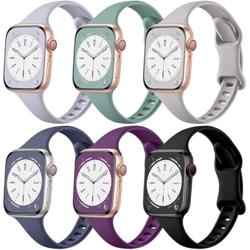 Lerobo Kompatibel mit Apple Watch-Armband, 44 mm, 42 mm/Apple Series 7 Band 45 mm, 6 Stück, schmales, wasserdichtes Silikonarmband, 2, 1 Ultra Damen und Herren von Lerobo