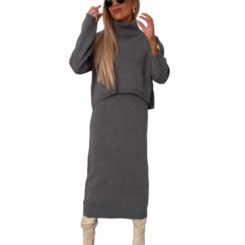 2-teiliges Pullover Set Für Damen Gestrickt Rollkragen Lange Ärmel Figurbetonter Pullover Rock Anzug Bauchfreies Top Und Kleid Outfits Zwei Strickkleider von Lerpwige