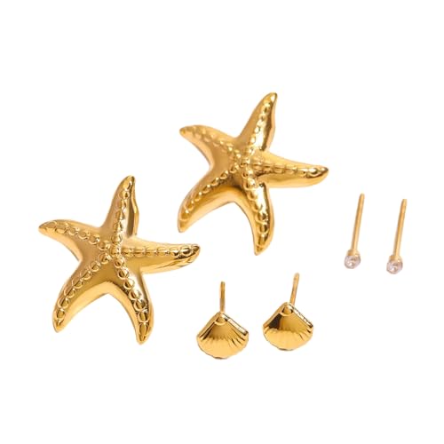 3 Paar Modische Goldfische Starfishes Muschel Ohrringe Set Stapelbares Ohrstolzen Accessoire Für Freizeit Oder Urlaubsoutfits Strand Urlaubszubehör von Lerpwige