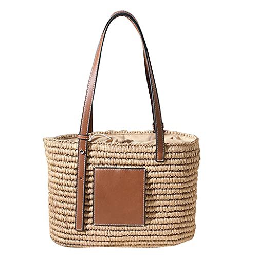 Damen-Strand-Handtasche aus gewebtem Stroh, mit verstellbarem Kunstledergriff, große Schultertasche mit Kordelzug Damen-Strand-Handtasche aus gewebtem Stroh, mit verstellbarem Kunstledergriff, große Schultertasche mit Kordelzug von Lerpwige