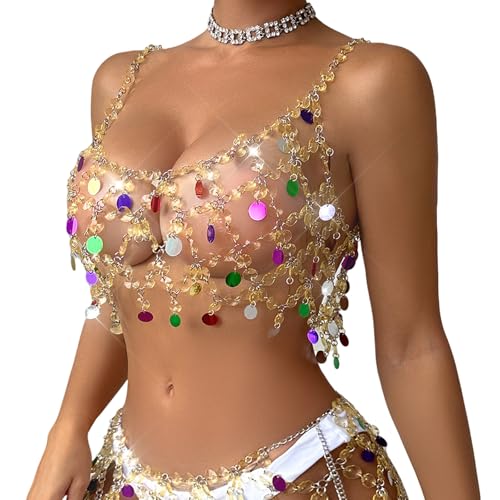 Hohlausleitende Strasssteine ​​Körperkette Camisol Ärmelloses Erntedach Bunte Pailletten Körperschmuck Für Frauen Beach Festivals von Lerpwige