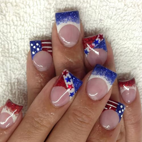 Kurze Französische Tipps Press Auf Nägeln 24 Teile Unabhängigkeitstag Falsche Nägel Mit Glitzern Stripes Und Stern Für Frauen Mädchen von Lerpwige