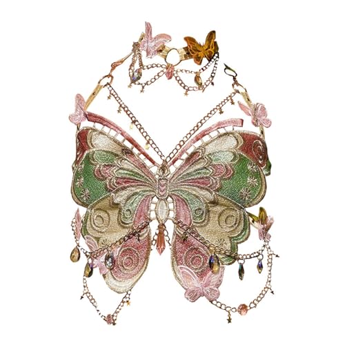 Lerpwige Mode Bestickte Schmetterlings Crop Top Mit Metallkettenhülsen Und Rückenless Camisol Für Nachtclubs Und Event von Lerpwige