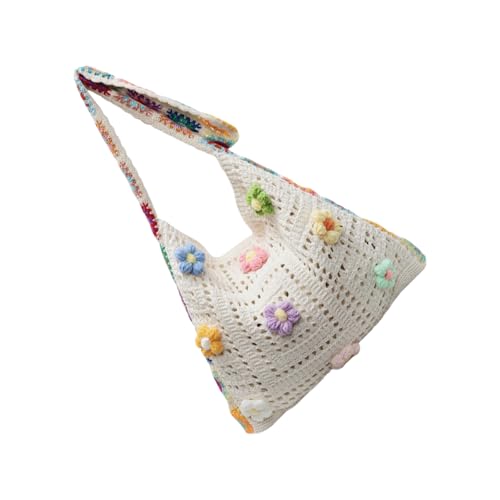 Lerpwige Modische Damen-Strick-Strandtasche, gehäkelt, Schultertasche mit dekorativen Hohlmustern und verstellbarem Riemen, Stickerei, Strick-Handtasche, a, One Size von Lerpwige