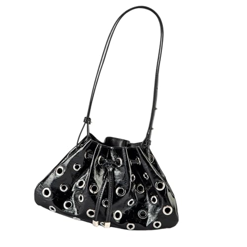 Lerpwige Modische Metallische PU Leder Umhängetasche Hollow Design Drawschnellschließung Lässig Unterarmtasche Eimer Hohlkiete Schulter von Lerpwige