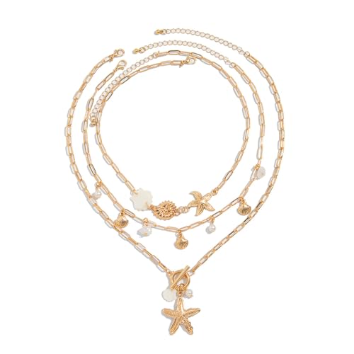 Lerpwige Strand Halskette Set Goldene Stapelbare Seashells Pearls Schlüsselbein Kettenschmuck Für Heiße Tagesausflüge Und Event Benutzerfreundliche Legierungsschalen Halskette Frauen von Lerpwige