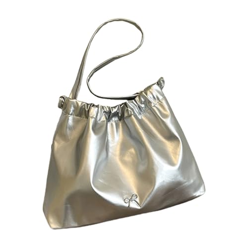 Lerpwige Übergroße Damen-Unterarmtasche aus weichem PU-Leder mit Kordelzug für den täglichen Gebrauch, praktische PU-Unterarm-Handtasche, silber, One Size von Lerpwige