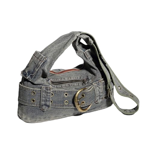 Lerpwige Vintage Gewaschene Denims Schulterhandtasche Mit Mehreren Taschen Für Frauen Große Kapazität Ösen Schnallen Crossbody Bag Verstellbare Gurt Denims Satchel von Lerpwige