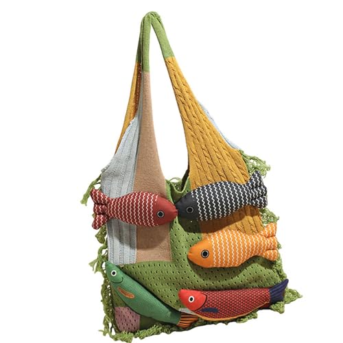 Mode Gestrickte Arbeitstasche Mit Fisch Design Geräumiger Innenraum Für Wesentliche Besorgungen Reisen Weiche Strukturierte Polyester Fisch Themengezwungene Schultertasche von Lerpwige
