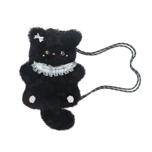 Schöne Plüsch-Umhängetasche mit verstellbarem Schultergurt, Katzen-Form, Cartoon-Katzen-Umhängetasche für Damen und Mädchen, Tier-Geldbörsen mit verstellbaren Trägern, Schwarz , Einheitsgröße von Lerpwige