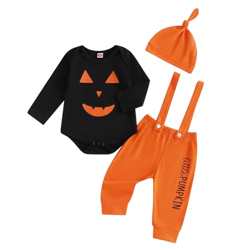 Baby Jungen Halloween Hosenträger Hose Set 3 Teiliges Halloween Kürbis Boo Bekleidungsset Langarm Briefdrucke Kürbis Geist Strampler+Kürbis Druck Hosenträger Hose+Hut Jungen Strampler Hose Set von Lerrita