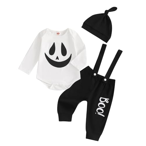 Baby Jungen Halloween Hosenträger Hose Set 3 Teiliges Halloween Kürbis Boo Bekleidungsset Langarm Briefdrucke Kürbis Geist Strampler+Kürbis Druck Hosenträger Hose+Hut Jungen Strampler Hose Set von Lerrita